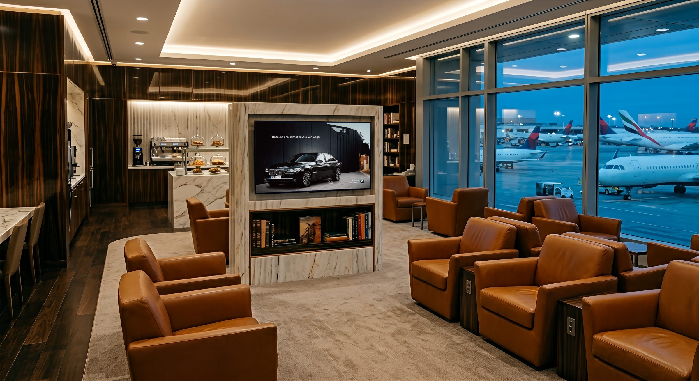 Premium airport lounge interior with traveller and digital screen.
